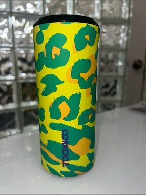 Corkcicle 12 oz Can Cooler Neon Leopard Print - Yellow, Green & Orange Accents